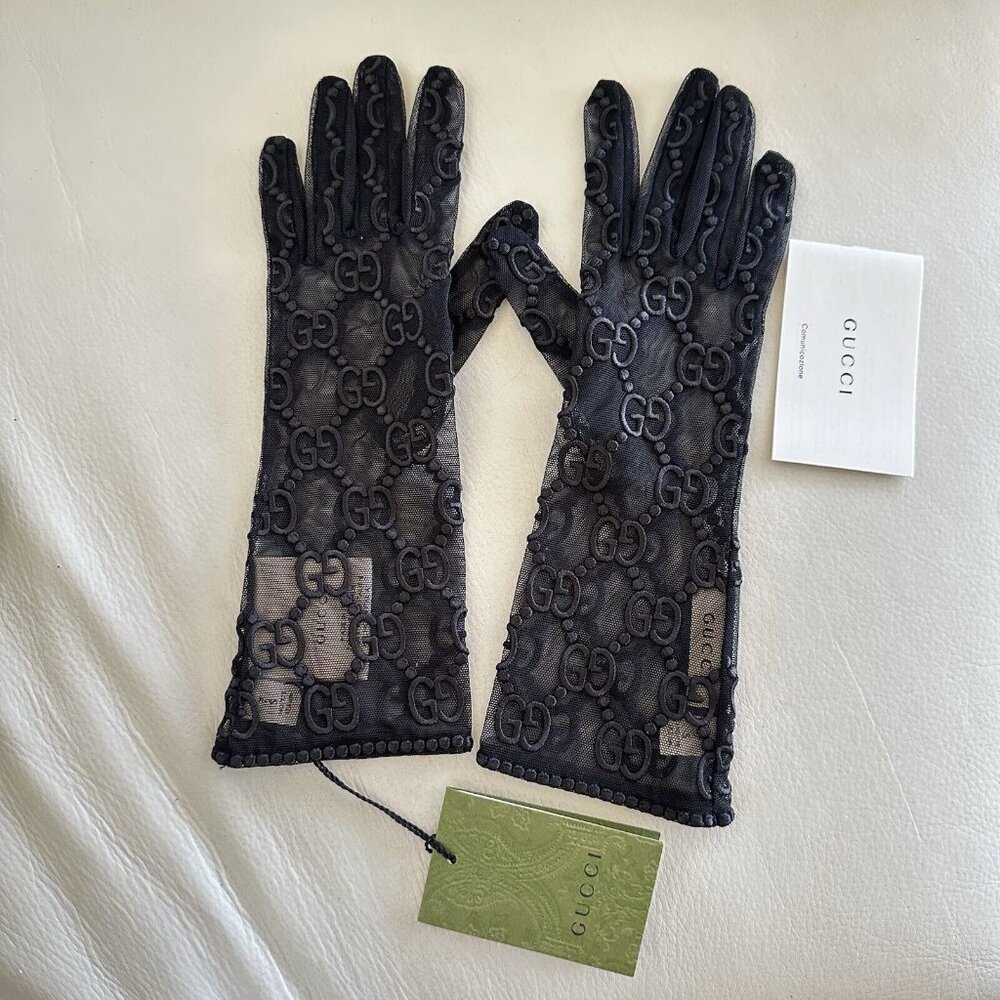 NWT GUCCI GLOVES TULLE LACE GG BLACK Sz 6.5 S - Picture 3 of 8